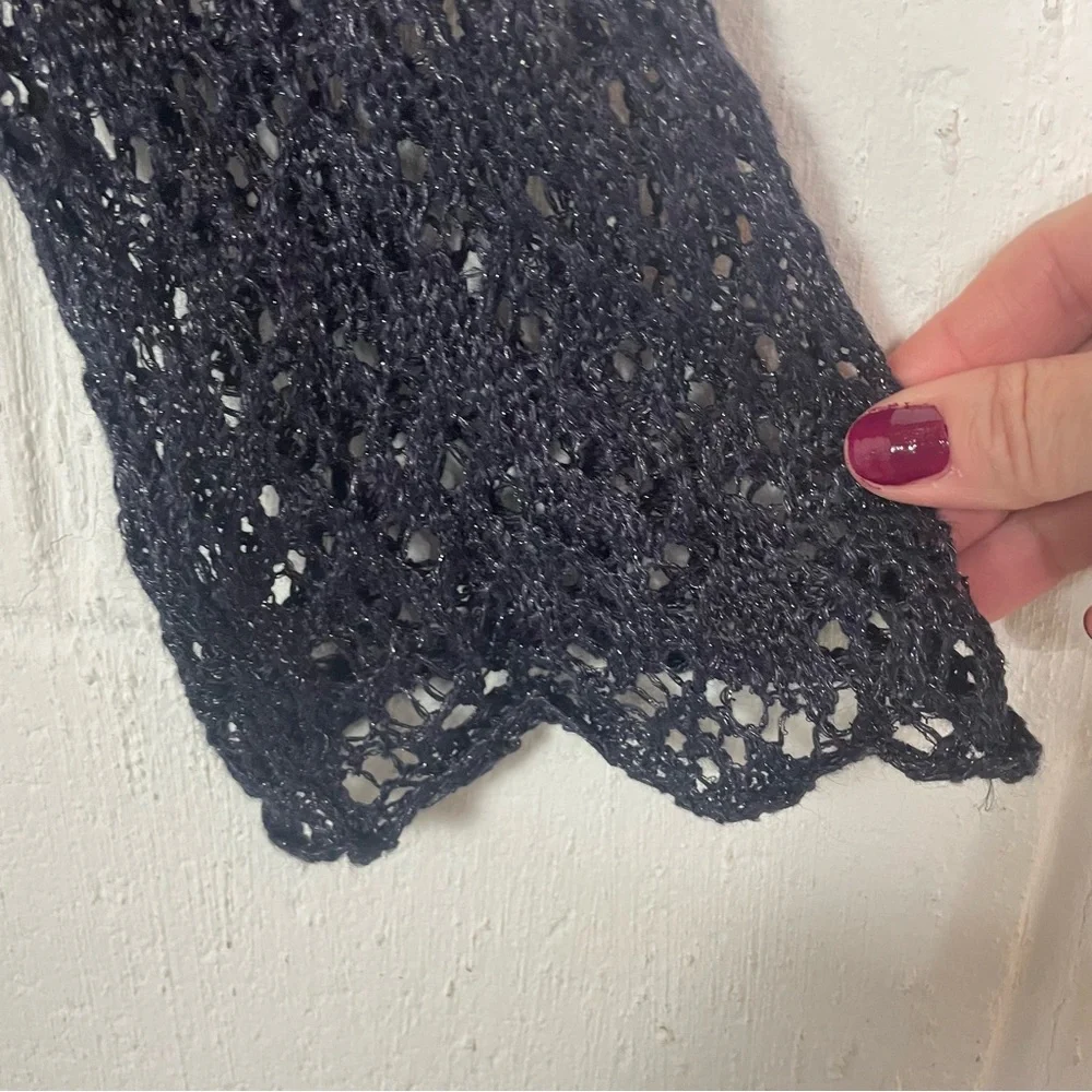 Eileen Fisher Open Front Crochet Cardigan‎ Linen Blend Blue Metallic Bohemian M - Picture 4 of 14